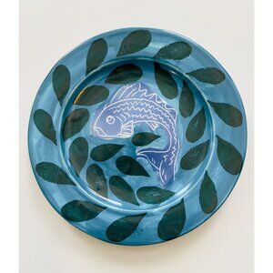 Hand-Painted Ceramic Plate With Blue Fish & Green Leaf Design Decorative & Funct